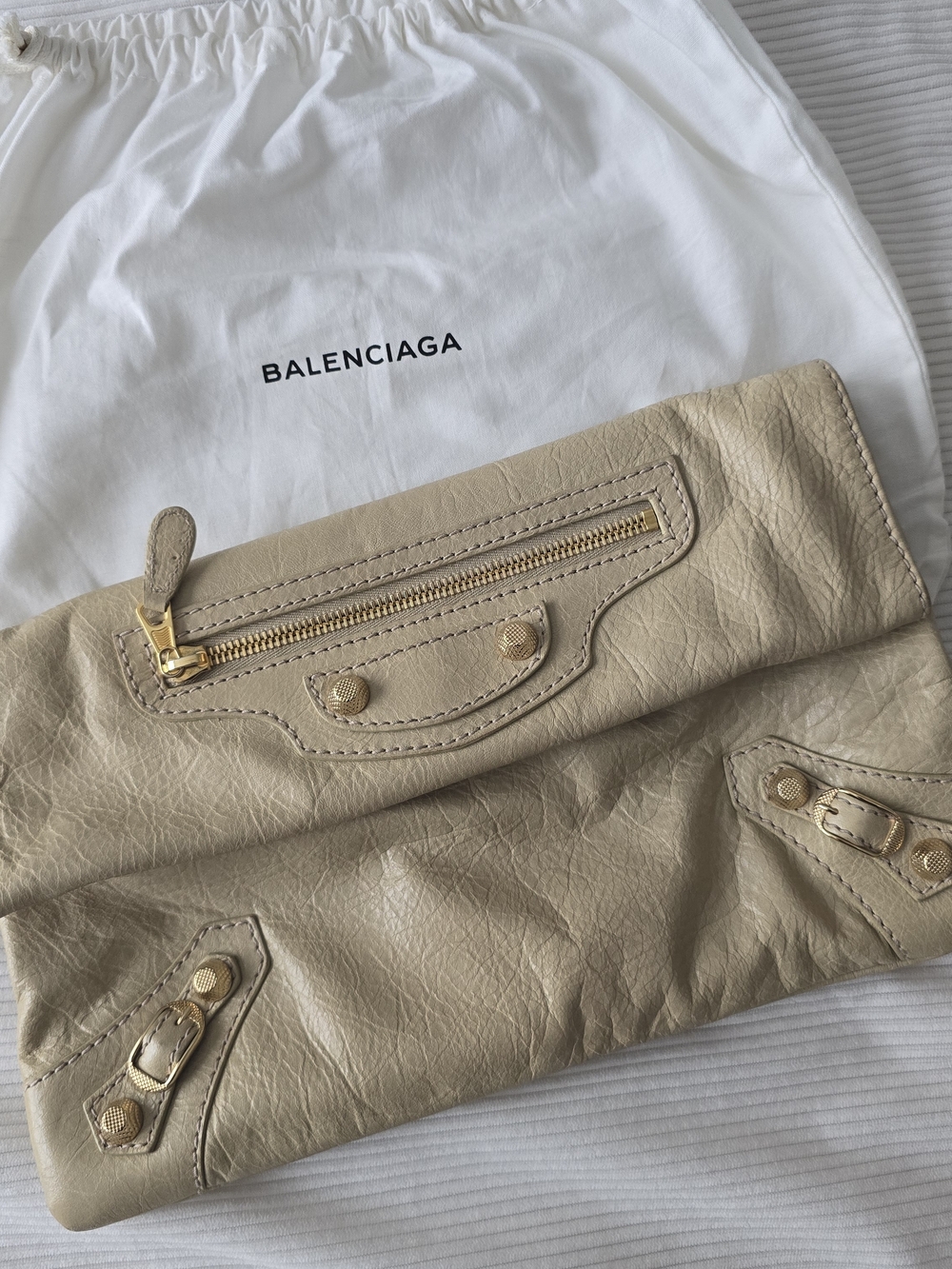 Balenciaga Beige Leather Fold-Over Clutch with Gold Hardware